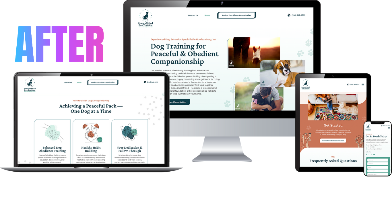 pet care web design - dog trainer web design - peace of mind dog training website design - boost local small business marketing agency