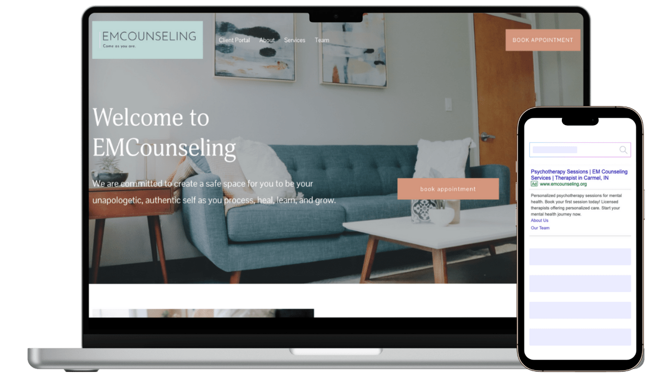 em counseling - mental health marketing - laptop and phone